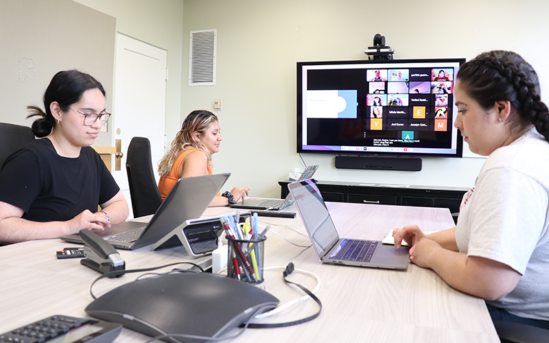 Students working on their laptops during a virtual meeting.