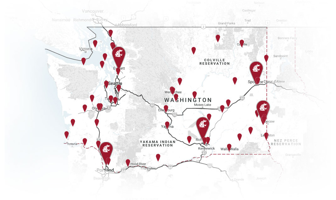 Map of the state of Washington with WSU system locations overlaid on it. WSU campuses and extension centers are highlighted with waypoint markers.