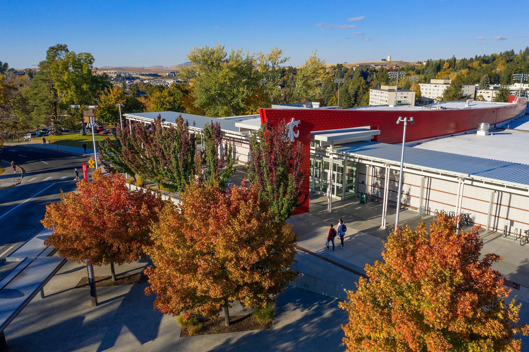 Aerial shot of the Chinook building on WSU's Pullman campus - at sunset