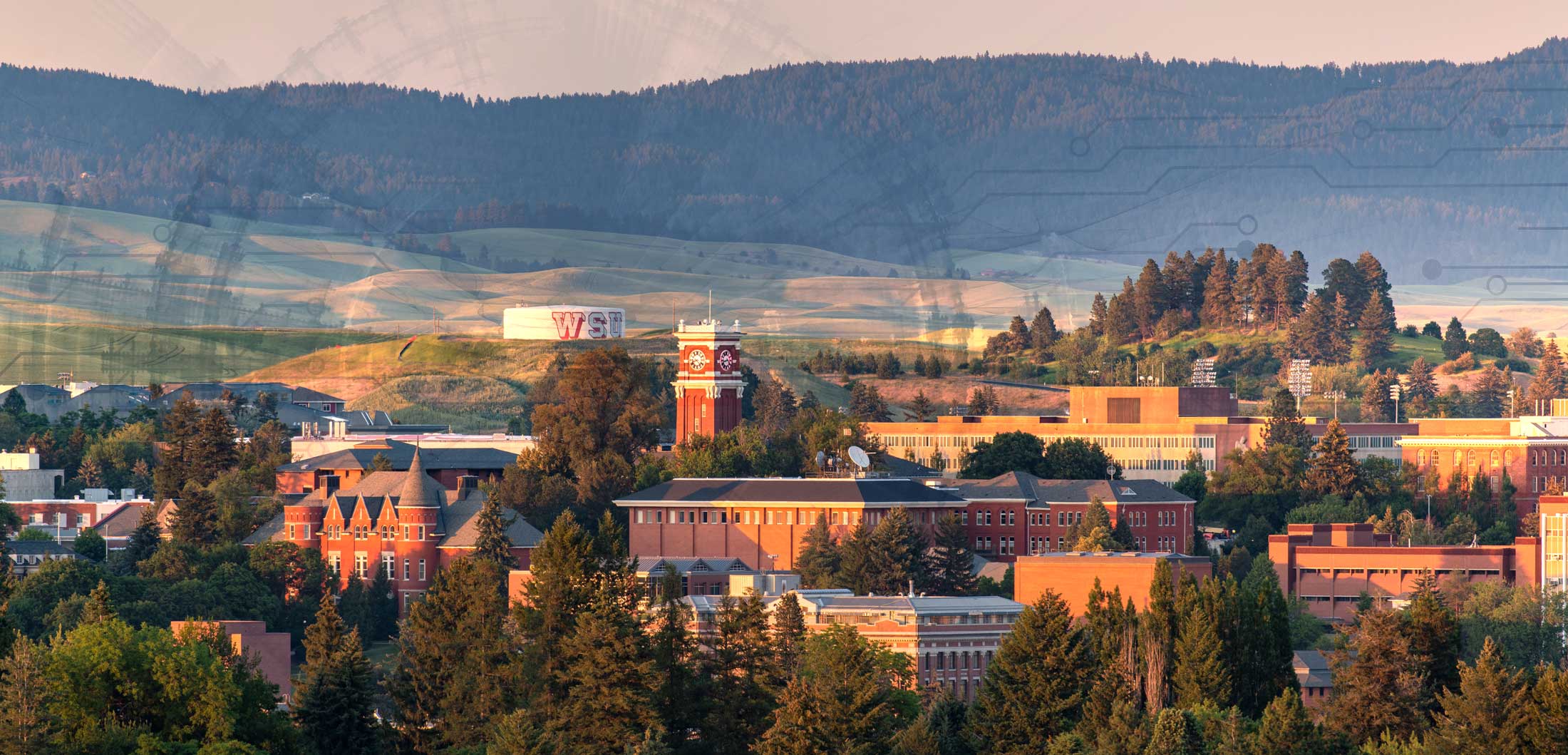WSU Pullman Campus with tech graphics overlay