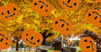 overlay of pumpkins on a WSU campus in fall