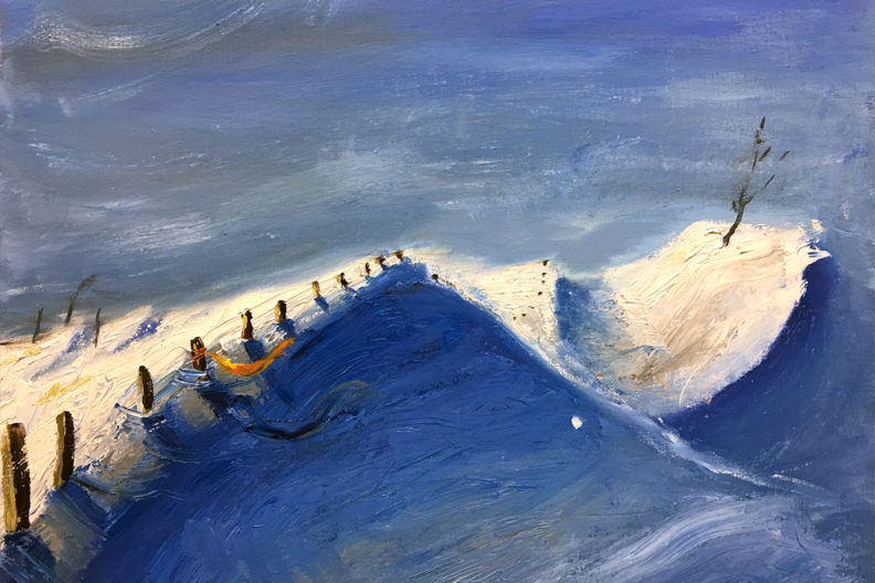 An oil-on-canvas painting by WSU student artist Christina Sagrelius that depicts snowy hills reminiscent of the Palouse in winter.
