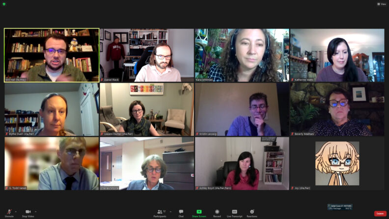A grid of twelve people participating in the discussion on the Zoom platform.