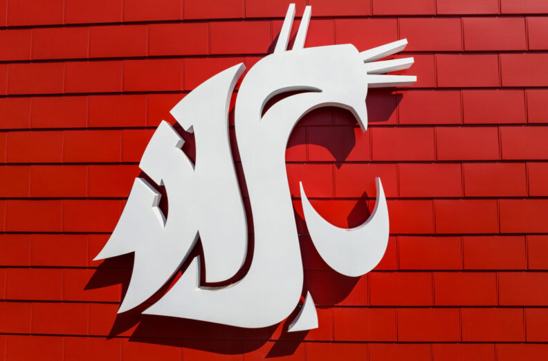 Washington State University official logo as seen on the Chinook building at WSU Pullman.