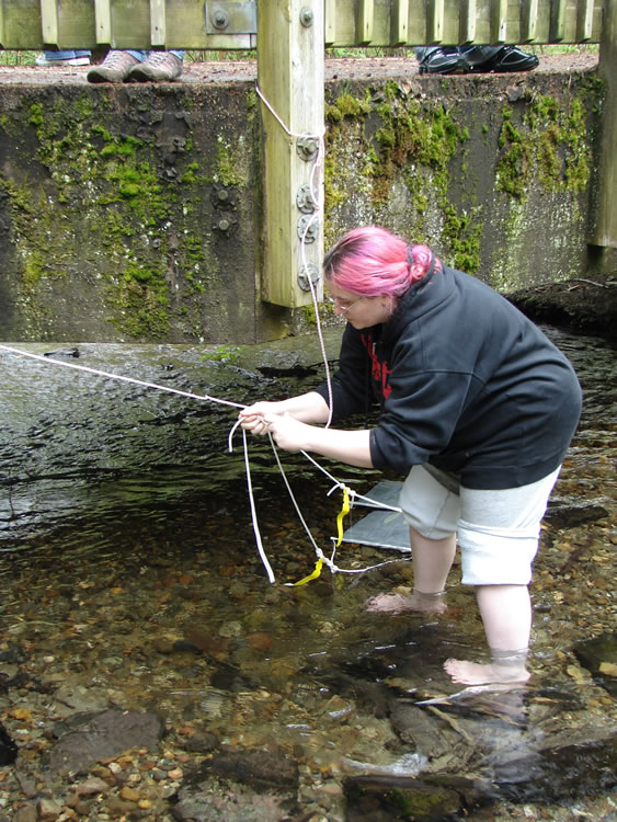 a girl with dyed bright red hair and a black sweatshirt stands barefoot in a stream by a bridge or dock, pulling on a string that leads slightly upward off the left of the frame. link to full image