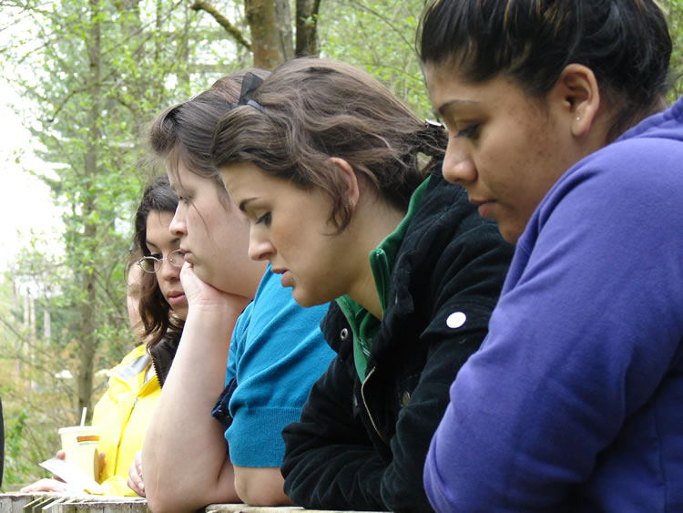Five students standing in a row, looking over the bridge railing.