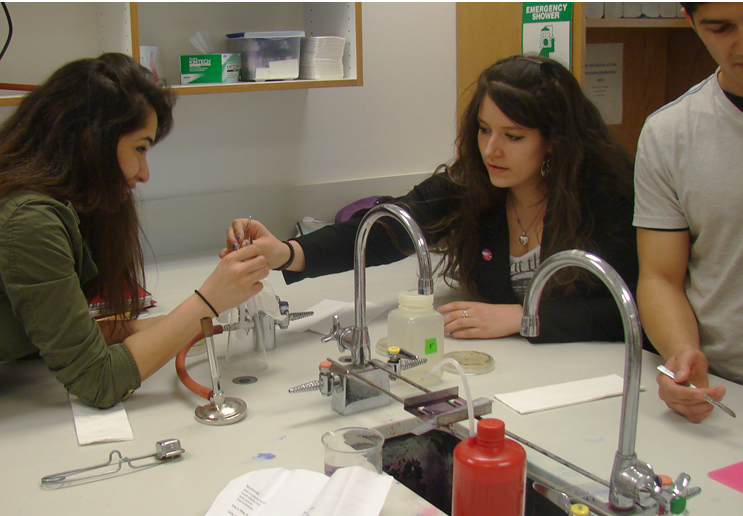 Two students sit across from each other at a lab counter. A small lab sink in the bottom right corner and a third student holding a scalpel with only half his face and body showing. The students on the left and right are  using their hands to collaborate on putting something into a glass flask, but their hands are blocking the specifics. In front of the student on the right is a small square bottle with its lid on and a square bright green sticker on the side facing the camera.