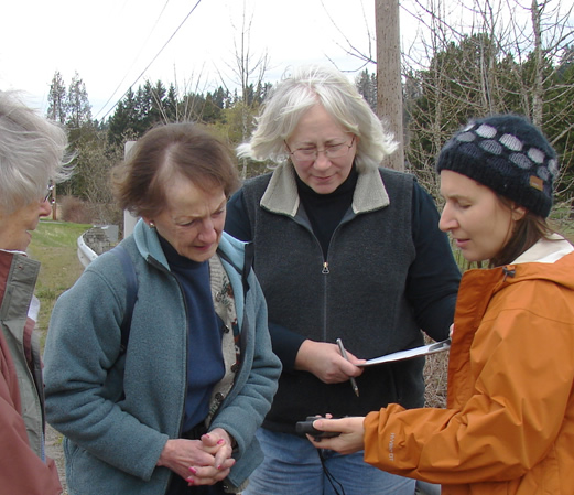 a woman in an orange coat holding a small black device as three women examine it