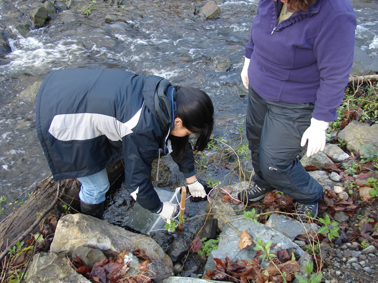 A girl in a blue and white coat stands in the water where a wooden stake has been installed. She is tying the rope of a bait bag to the stake as another girl watches.