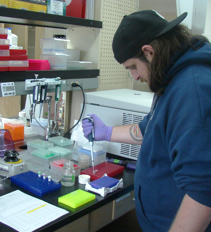 A student stands at a lab bench. a midsize centrifuge with its lid down is to their right. In front of the student are a tray holding a single popcap microcentrifuge tube, a small purple tray for holding and keeping cold 0.6mL tubes, a jar with its lid off filled with clear liquid, a blue tray with five microcentrifuge-sized tubes, , and several different sizes of pipette tip containers with their lids off. A mini centrifuge with a purple lid is in the left near the bottom of the frame.
