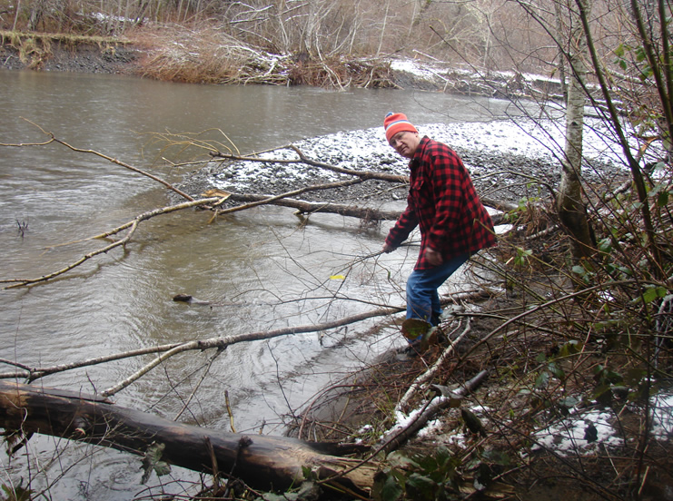 a man in a red and black plaid flannel on a stream bank.  a branch that leans close over the water has a piece of yellow flagging ribbon tied to it.