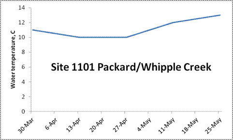 A line graph showing the water temperature at Site 1101, Packard/Whipple Creek. The water was 11C on 30th March, dipped down to 10C from 13th April to 27th April, 12C on 11th May, and up to 13C  on 25th May.