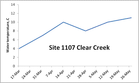 A line graph showing the water temperature at Site 1107 Clear Creek. On 17 March the water was 4C, moving up to 10C by 14 April. It dropped down again to 8C on 28 April, back up to 10C on 12th May, and to 11C on 26 May.