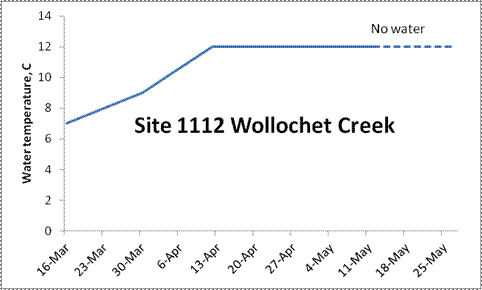 a line graph detailing the water temperature results at site 1112 Wollochet Creek. The water was 7C on 16 Mar. It moved up to 9C on 6 April, then up again to 12C on 13 April, where it remained until the water stopped flowing on 11 May.