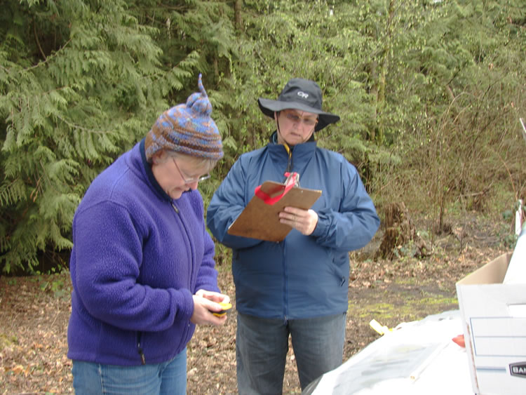 Two women stand next to each other near a box with some supplies. The woman on the left has a purple fleece zip-up jacket and a knit hat. She is examining a small yellow device in her hands. The other woman wears a blue jacket and a bucket hat as she consults a clipboard.