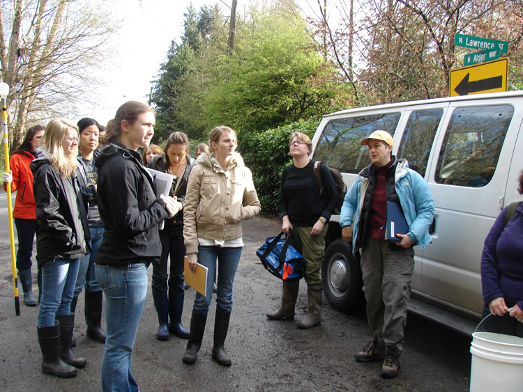 a group of people standing outside a white van. link to full image