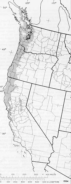 along the west coast of the United States a map shows darker gray in the areas where madrones are common. along the interior of the Puget Sound and upward through the interior side of Vancouver Island it shows as common along the west coast down to northern california, where the coast shows some blank spots and it moves further toward the interior. there is one area in the northeast area of the state but south of that there are only isolated areas that get smaller towards Mexico.