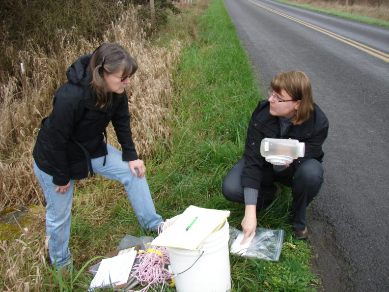 two people in the grass by the side of the road, discussing a collection of tools and materials