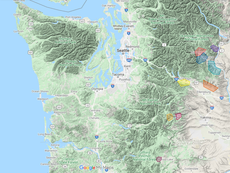 a map of Washington centered on Mt Rainier National Park. It goes east as far as Chelan in the north and Summit in the south. The Cascade and Olympic mountain ranges are shown in darker green.