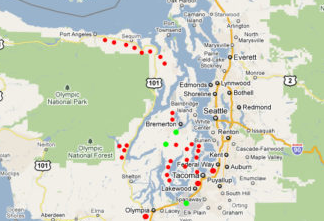 map of Puget Sound with study sites marked in red and green