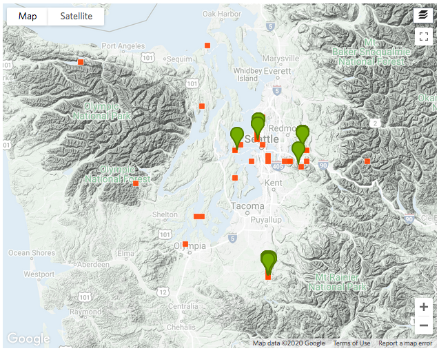 map showing observation locations, mostly in the general Seattle area and some also in Mt Rainier National Park.
