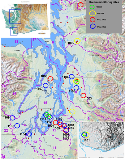 map of sites in western washington characterized by different colored circles - green for WSDA, yellow for WA DNR, red for WSU 2010 and blue for WSU 2011. link to full image