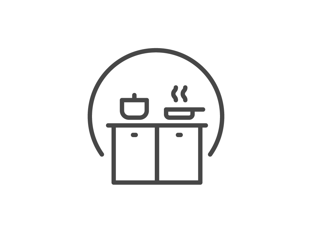 Simple line drawing of a cooktop and cabinets.