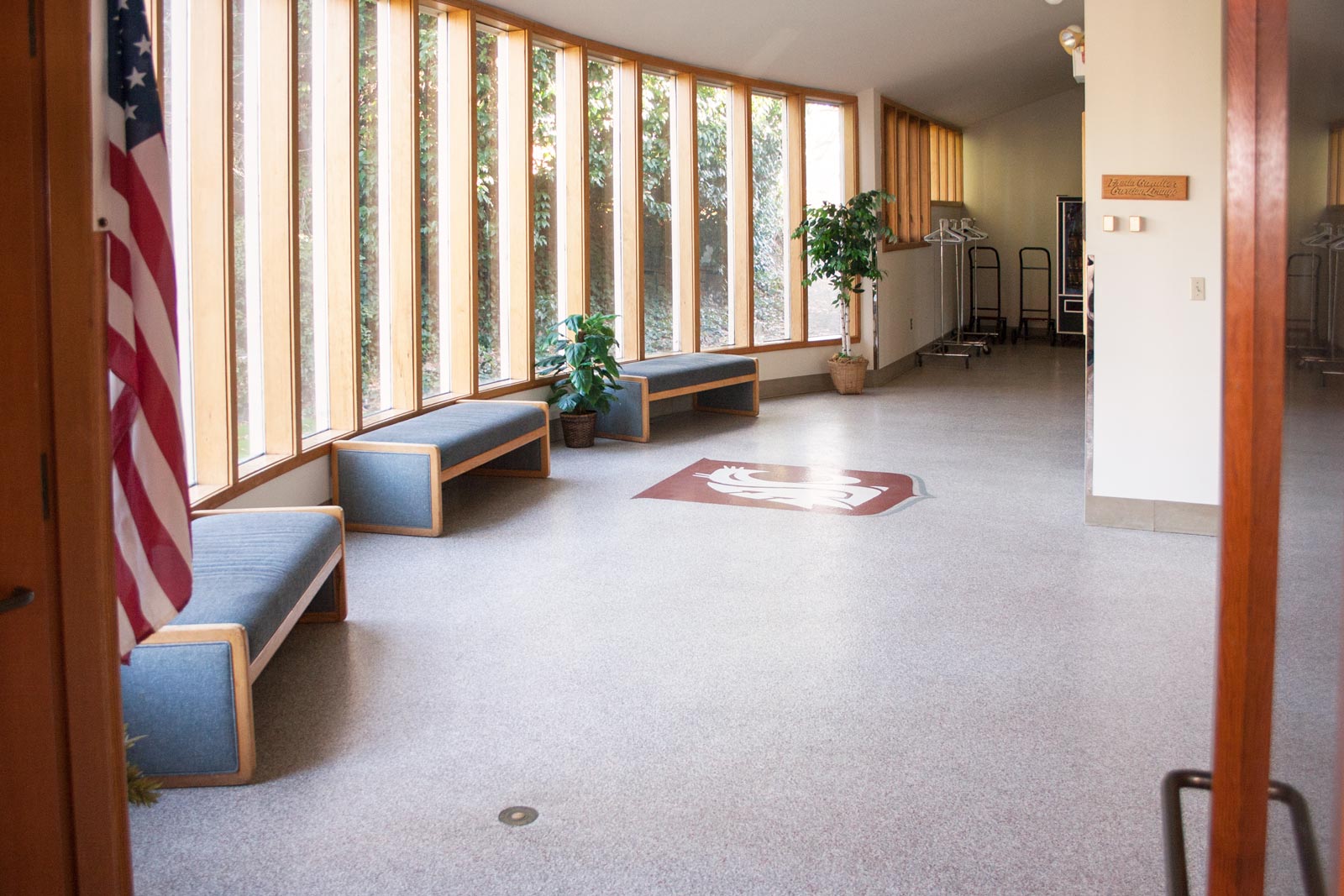 Lobby area with benches in front of full height windows. Large cougar head logo in the center of the floor.