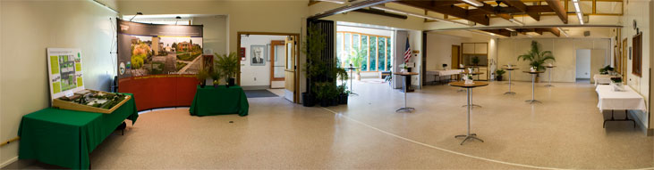 D.F. Allmendinger Center set up with presentation booths and cocktail tables.