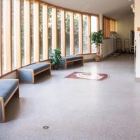 Building lobby with three benches and panoramic window onto garden area.