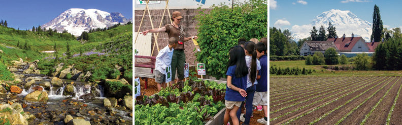 Tryptic: Mount Rainier mountain creek; children learn at school garden; Mount Rainier over white barn and tilled field