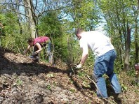 Clearing ivy from the site.
