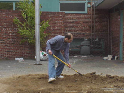Filling in the big bed with soil and reshaping the planting mounds.