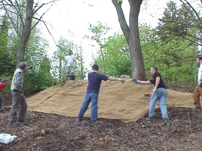 Placing jute along the steepest part of the slope to help hold soil in place.