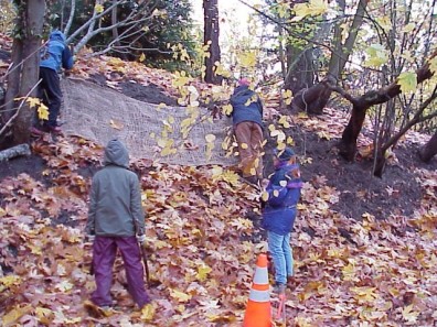 Cutting coir and placing it on the steep slope to control erosion.