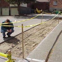 Examining the soil following asphalt removal.