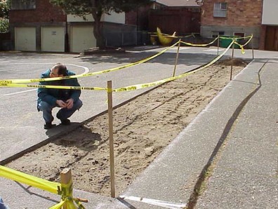 Examining the soil following asphalt removal.