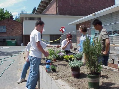 Discussing the best plant placement for the educational bed.