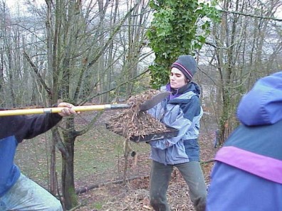 Loading wood chips to spread throughout the site.