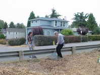 Raking new mulch onto the site.