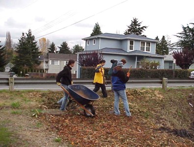 Spreading mulch.