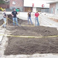 Building raised planting mounds in the big bed.
