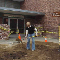Filling in the big bed with soil and reshaping the planting mounds.