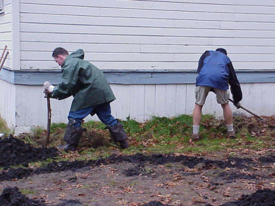 Removing weeds to prepare the site for a planting mound.