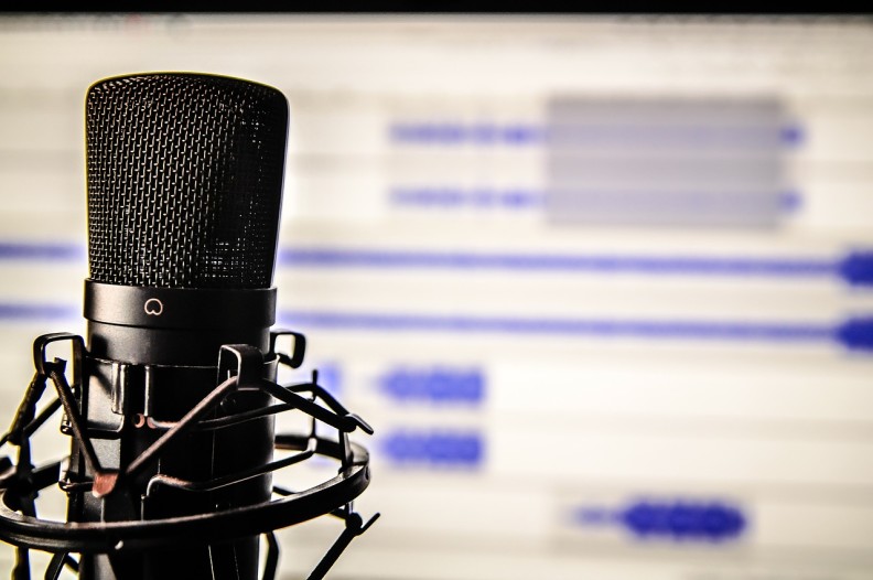 Condenser microphone in front of a blurred computer screen.