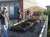 Cleaning up the raised beds in preparation for new plantings.