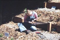 Leveling the terrace posts.