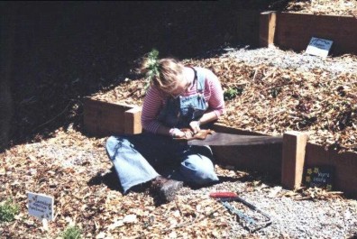 Leveling the terrace posts.