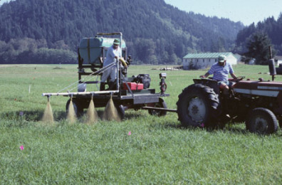 Supercow Liquid Manure Applicator spraying forage research plots with manure.