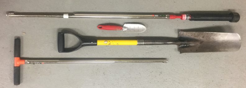 Photo of various equipment and soil probes used for sampling soils.